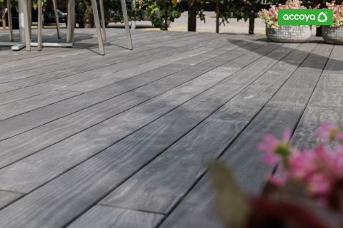 Accoya Color Grey decking boards impregnated with grey pigment to the core