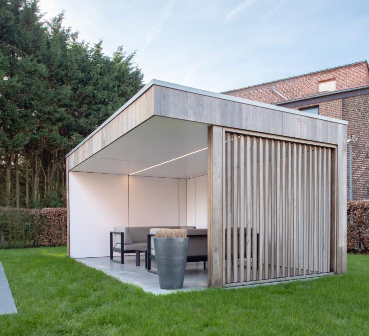 Patio cover with wooden shutter panel