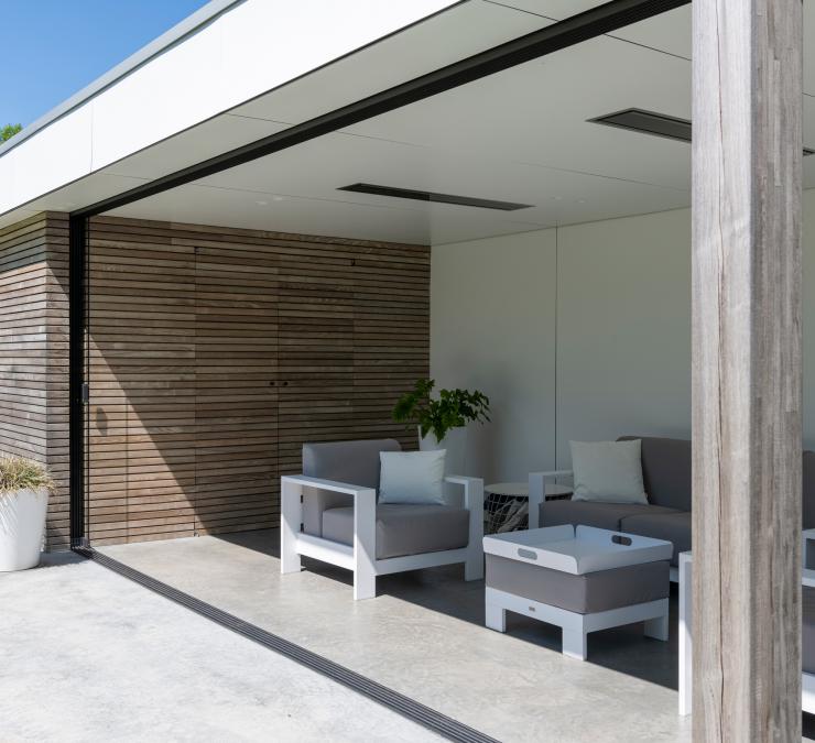 Modern wooden outbuilding as a patio